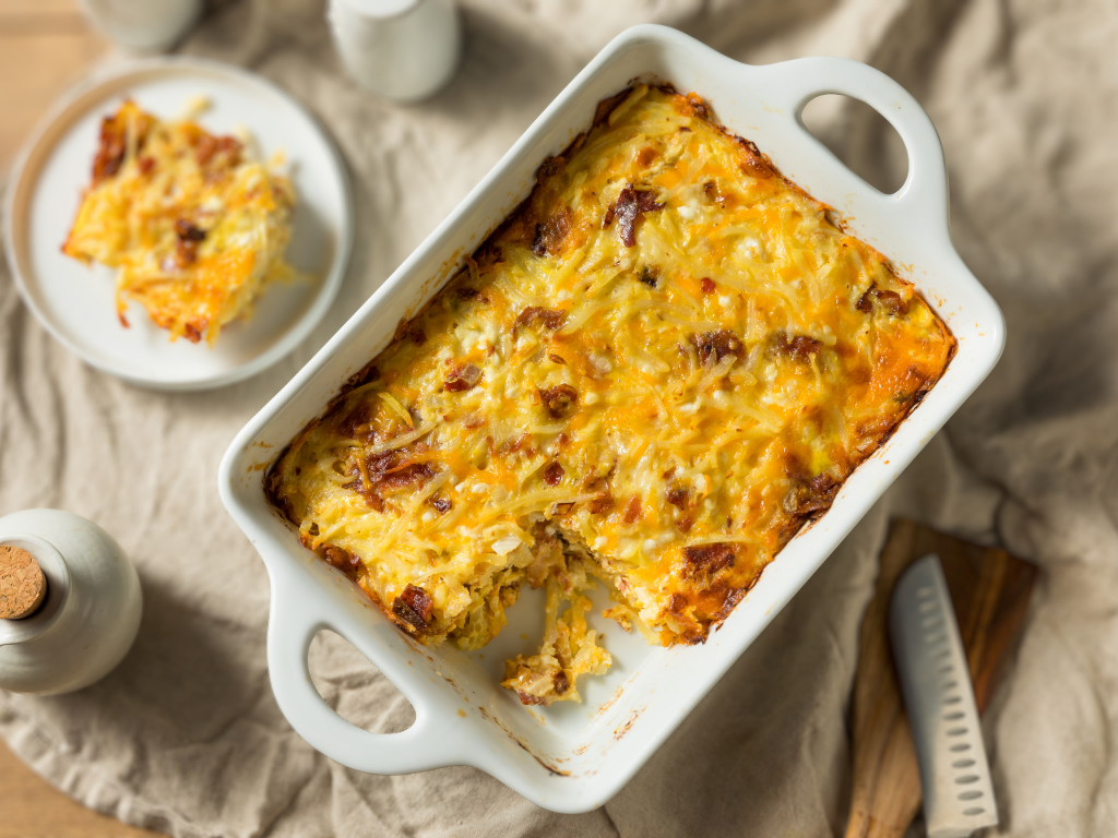 Overnight Breakfast Casserole in 9x13 pan ready to bake