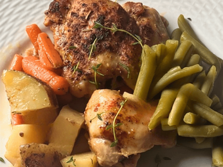 Plated Dutch oven chicken thighs with crispy skin served with lemon slices and pan juices.